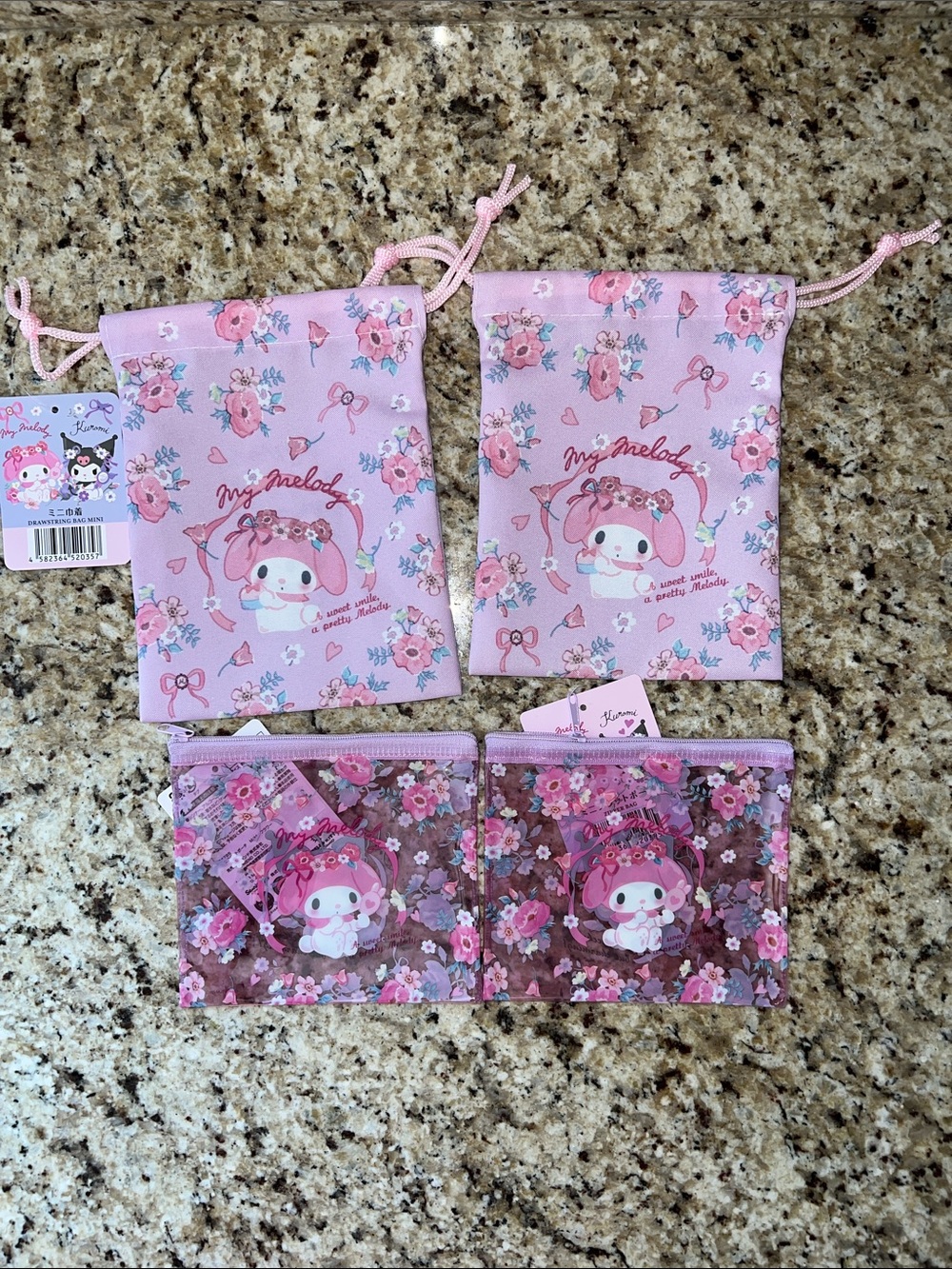 Daiso sanrio  My Melody Pink Floral Drawstring Bags & Clear Zip Pouches Set